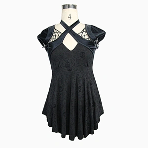 TT070 summer gothic sexy women skull patterned flocking high grade velvet slender halter T-shirt