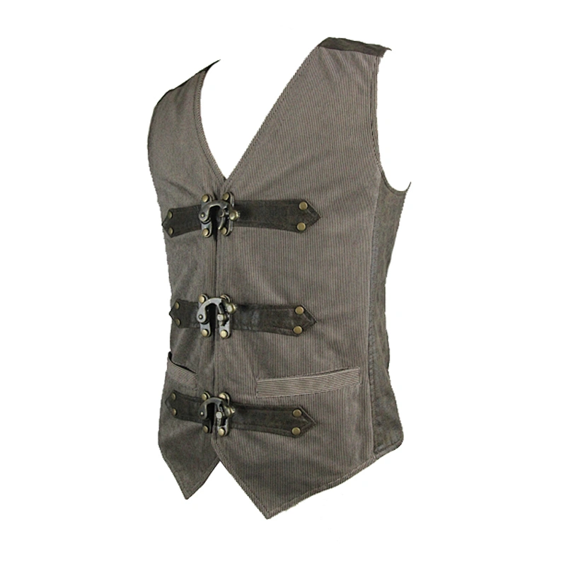 WT019 V neck retro metallic men brown striped steampunk waistcoat with leather loops