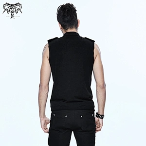 TT091 summer military uniform punk style chinese frog button sleeveless black cotton men T-shirts