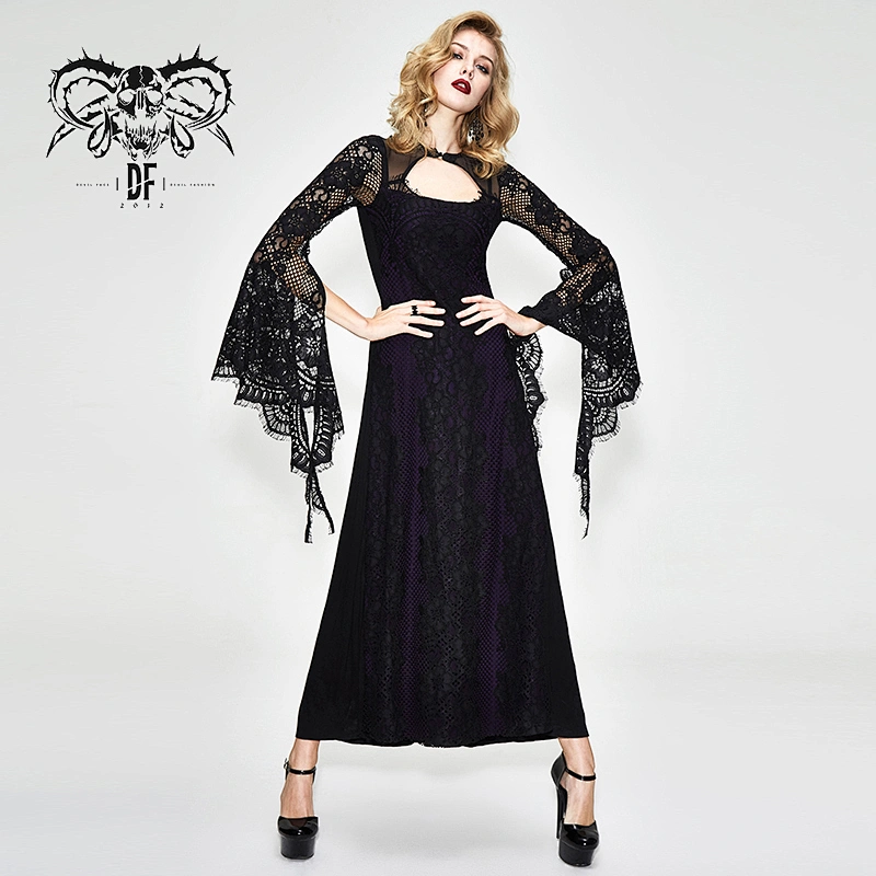 SKT083 gothic Purple backless hollow out elegant women flower lace flared sleeves long dress