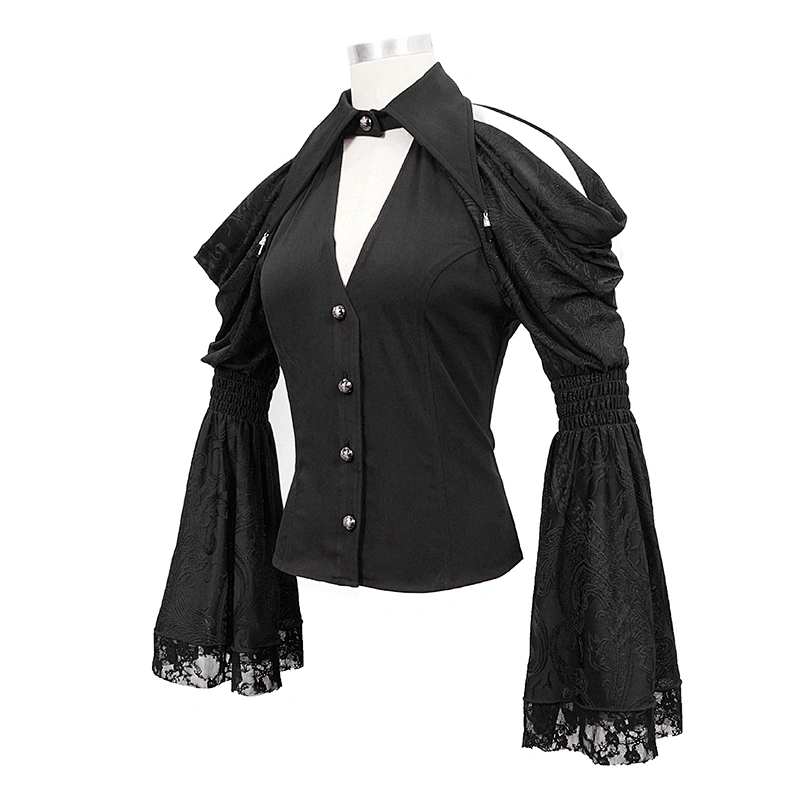 SHT051 Gothic daily life off the shoulder flare sleeves sexy ladies stretchy floral V-neck black blouse