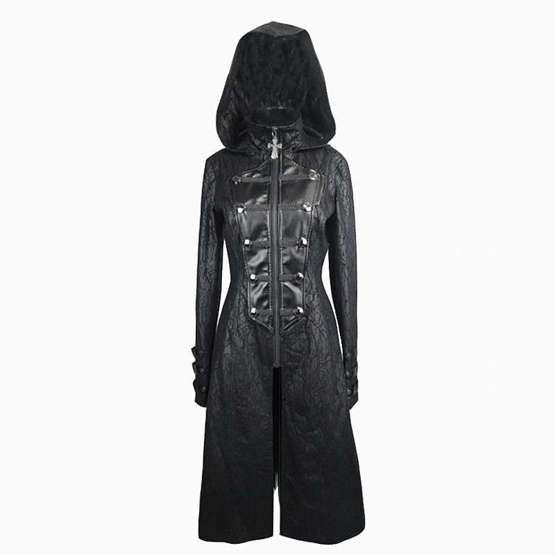 CT062 Devil fashion black cape shoulder tree patterned 3D braid punk leather hooded long women coats