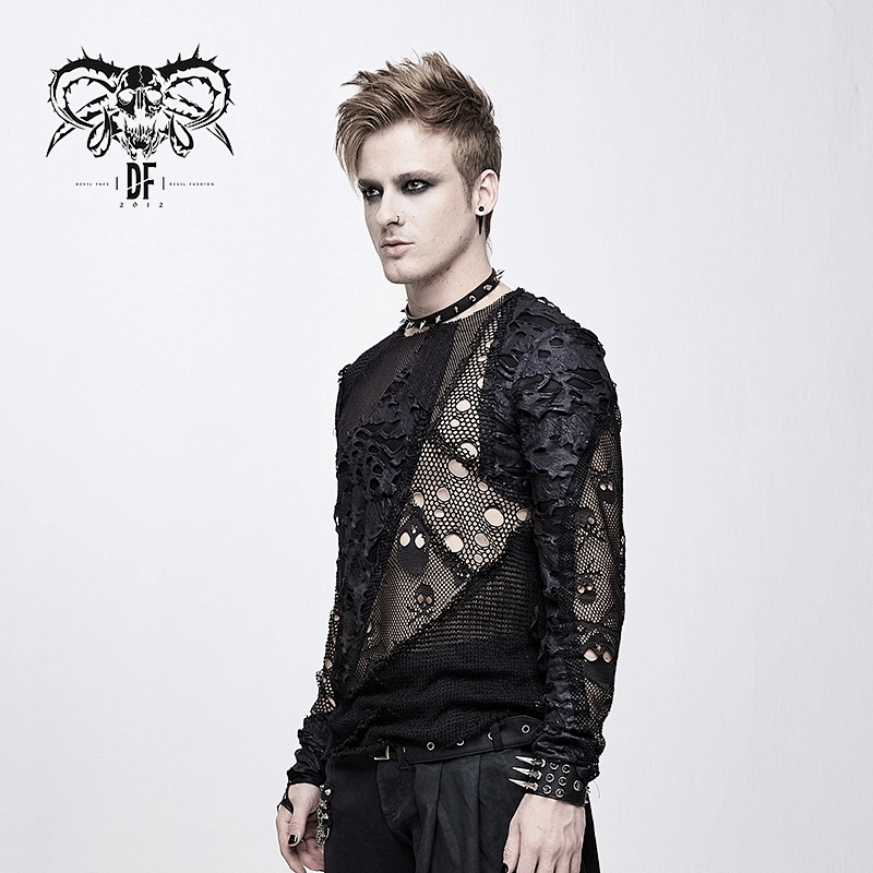 TT125 summer mesh fabric spliced classic style torn broken holes sleeves skull punk men T-shirt