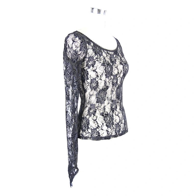TT045 daily life big round collar finger covered see through sexy women gothic rose lace T-shirt