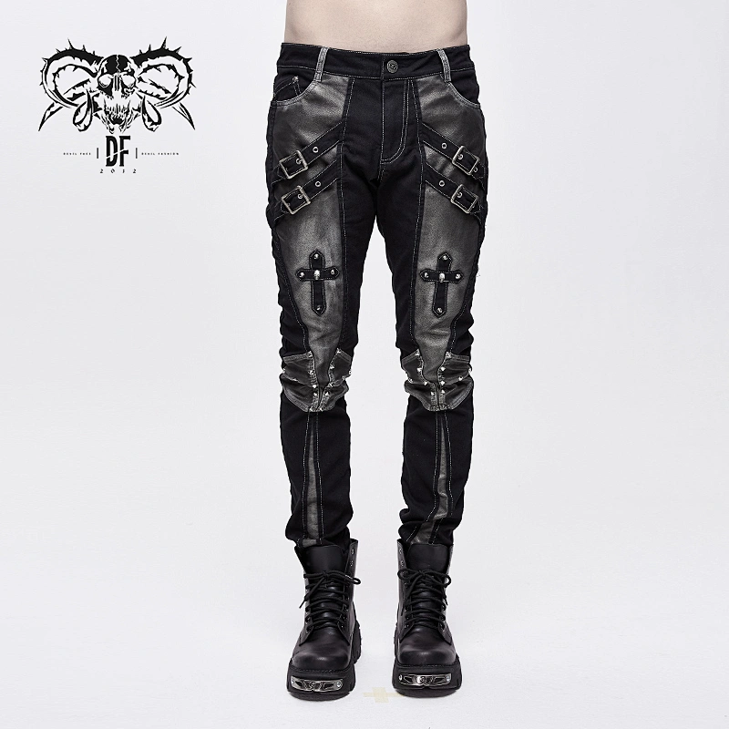 PT10401 Devil fashion silver cross patchwork steampunk men pants