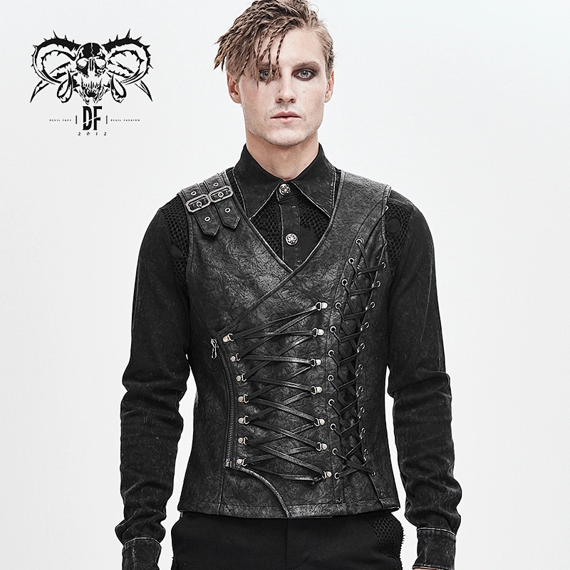 WT047 devil fashion brand punk gray fog-flower textured leather lace up men vest with loops