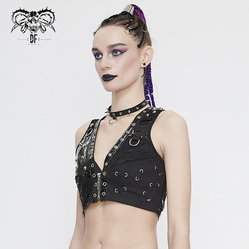 WT058 summer Punk rock asymmetric heavy metal sexy women black mini V neck vest with rivets
