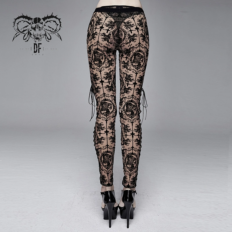 PT10702 Devil fashion apricot gothic patterned elastic waistband sexy women floral mesh leggings