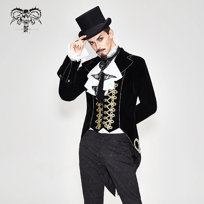 CT099 gothic disc flowers golden embroidery velveteen black men coat