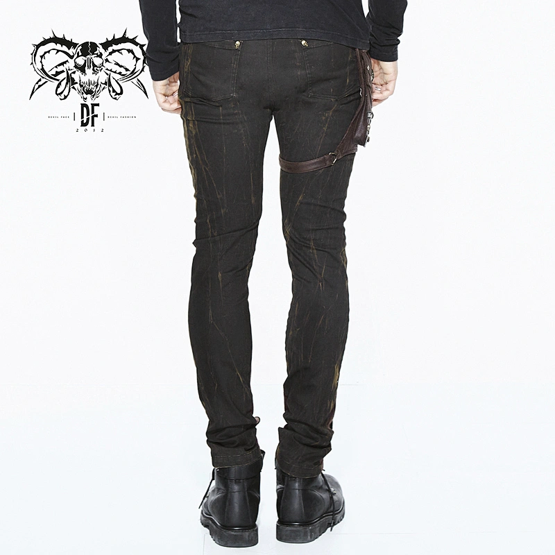 PT079 Devil fashion detachable leather bag brown men steampunk slim trousers