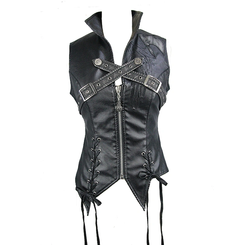 WT02801 cool black and silver axe-shaped loops feather embroidery zipper up women leather waistcoats