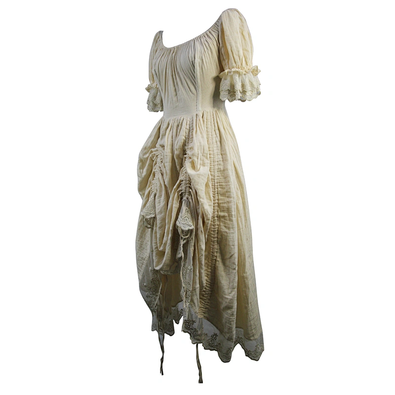 SKT077 daily off white elegant women coarse yarn embroidered lace drawstring Victoria vintage dress