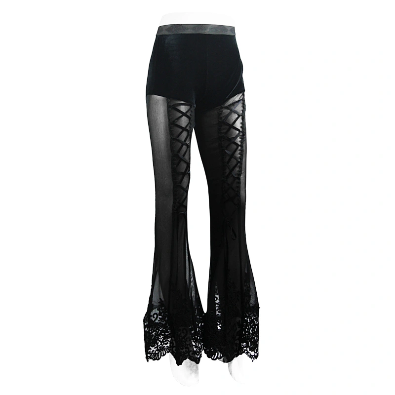 PT098 Devil fashion black club sexy ladies see through lace hem gothic stretchy mesh bell-bottomed pants