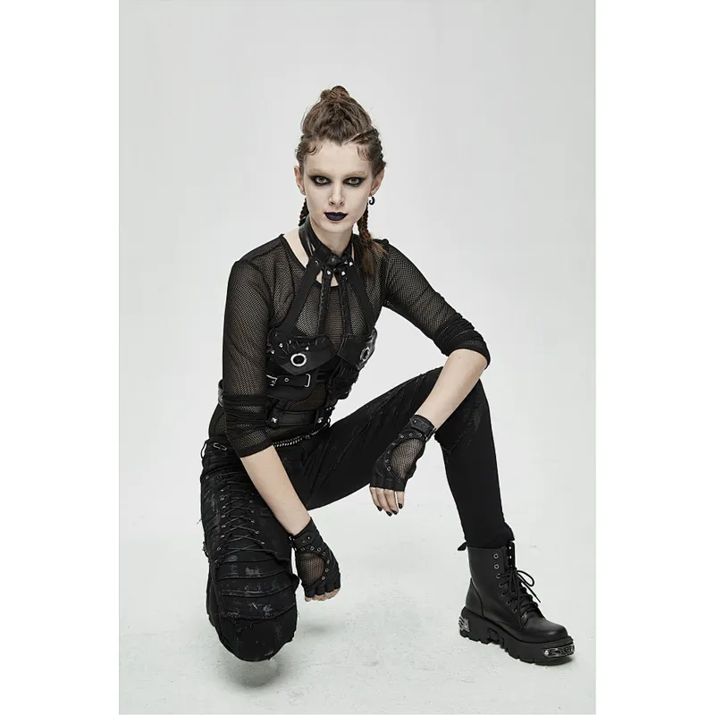 GE013 devil fashion punk Arc-shaped segmentation textured mesh women fitted short leather half-finger gloves