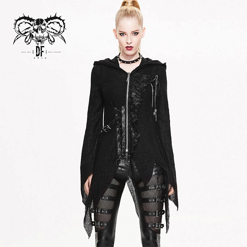 SR003 Halloween punk rock winter asymmetric knitwear zipper up torn women hooded cardigans