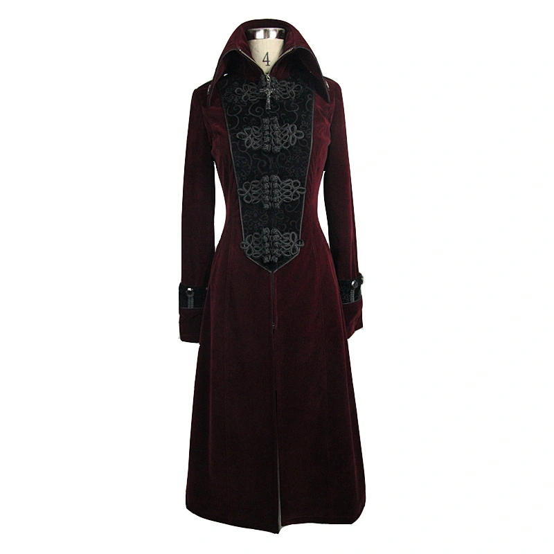 CT06102 Devil fashion noble Gothic embossed pattern big chinese frog high collar red velveteen women long coats