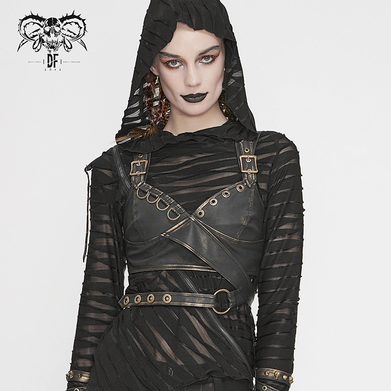 WT054 metallic eyelets hollow out Steampunk brown sexy women retro distressed leather vest