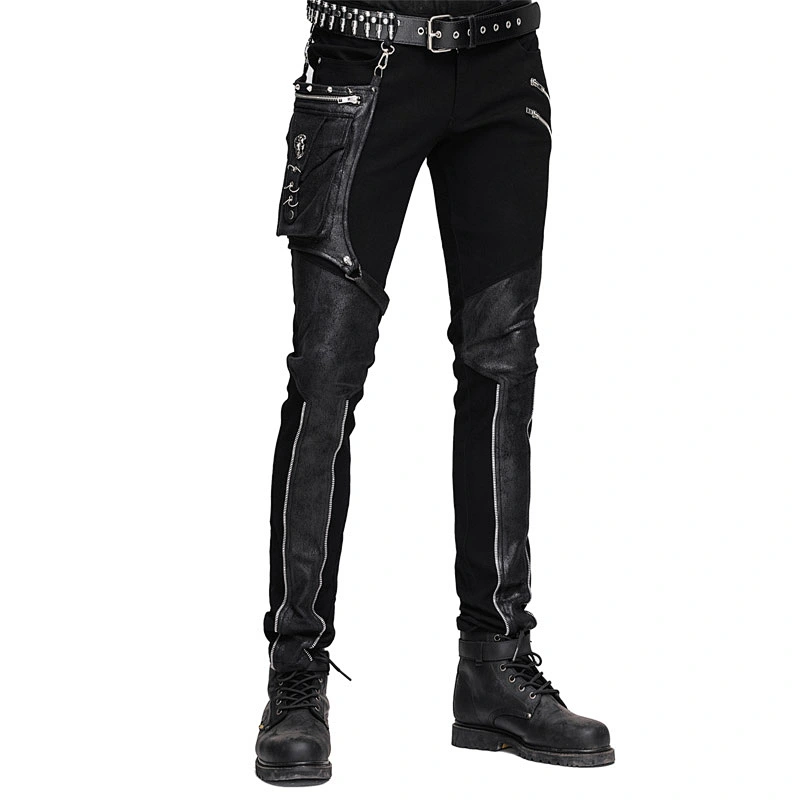 PT02101 Devil fashion party wear punk rock side pockets black slim men trousers