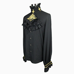 SHT02301 Devil fashion men Gothic party gold embroidered black chiffon shirts with lace bow tie