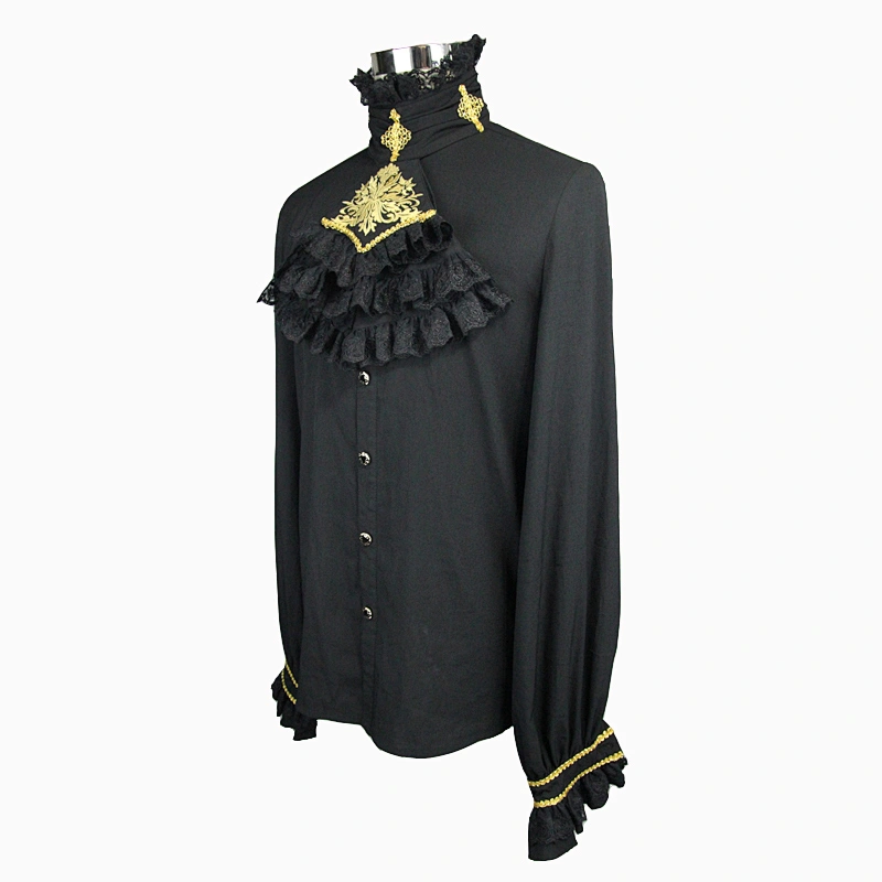 SHT02301 Devil fashion men Gothic party gold embroidered black chiffon shirts with lace bow tie