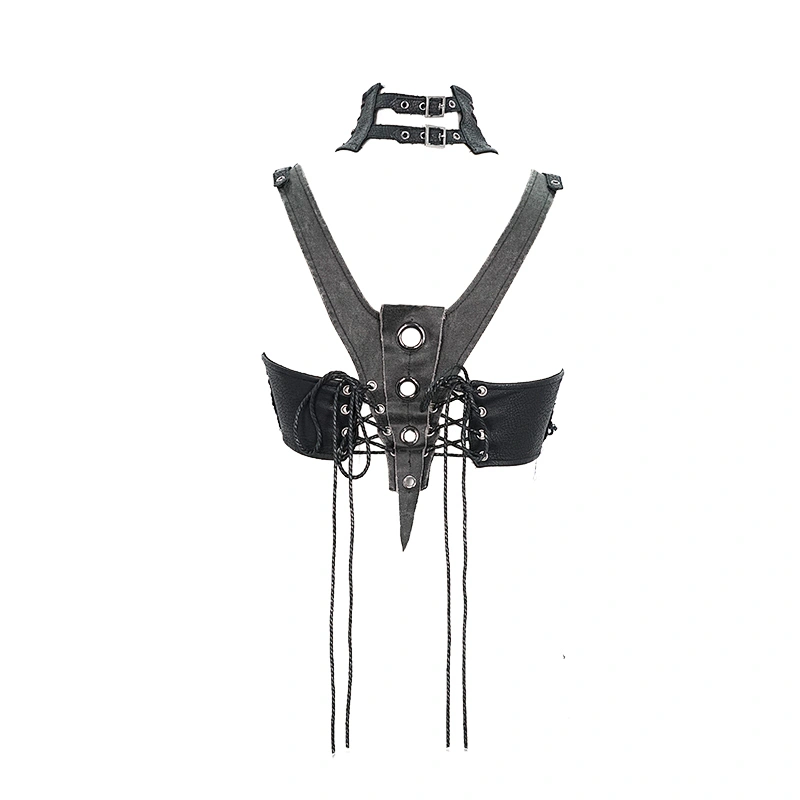 WT037 bar wasteland punk worn out sexy women lace up black vest with leather choker