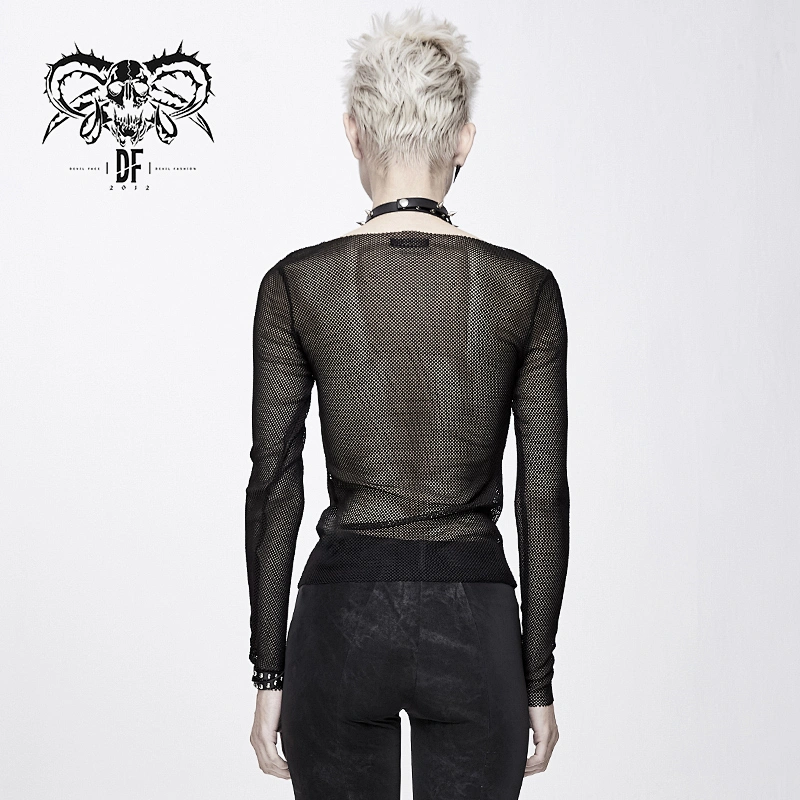 TT135 wildest leather skull palm hexagonal diamond mesh sexy women long sleeves punk transparent T-shirt