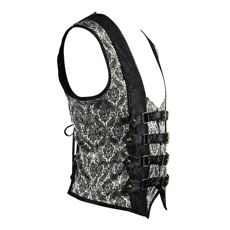 WT03402 autumn party costume black and silver peach hearts jacquard steampunk men waistcoat with loops