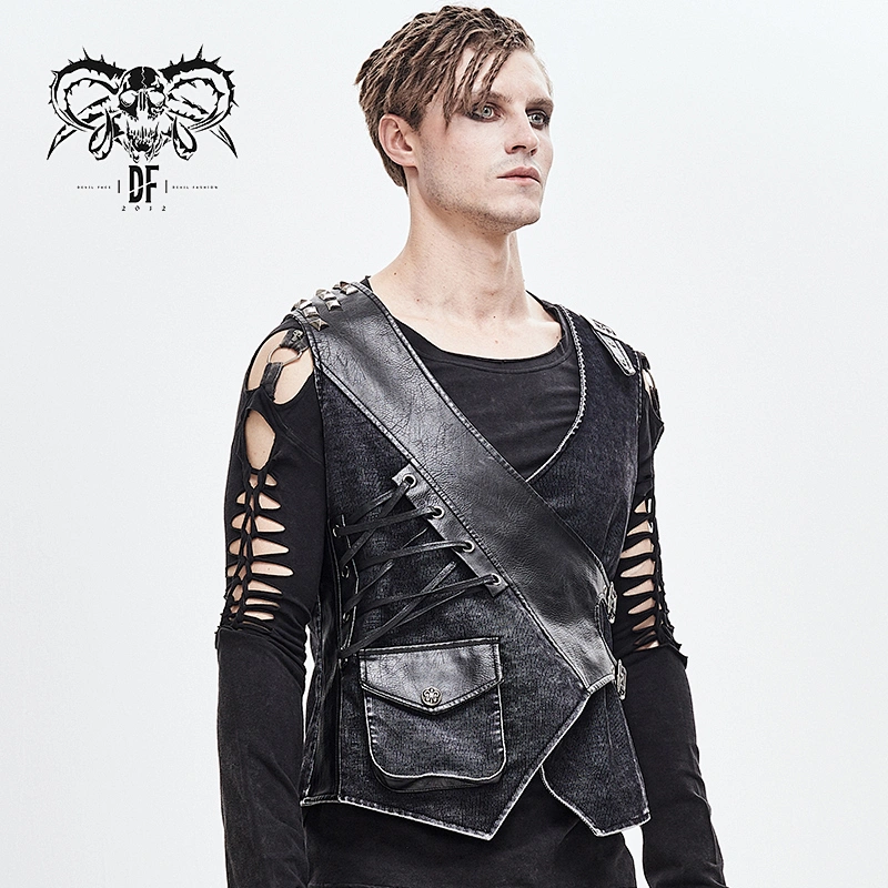 WT050 devil fashion old effect spliced asymmetric men punk rock spiked leather vest with bag