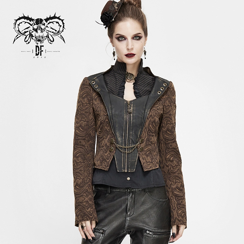 CT158 Devil fashion steampunk brown contrast color slim women zipper up short jackets