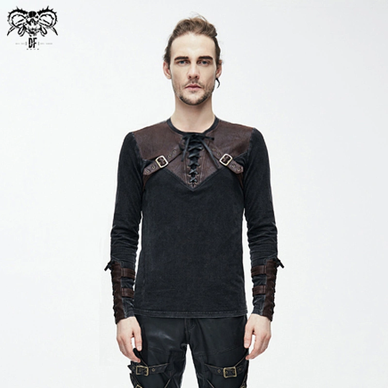 TT08202 Autumn bandage cuff black and brown leather patchwork O neck men long sleeves steampunk cotton T-shirt with loop