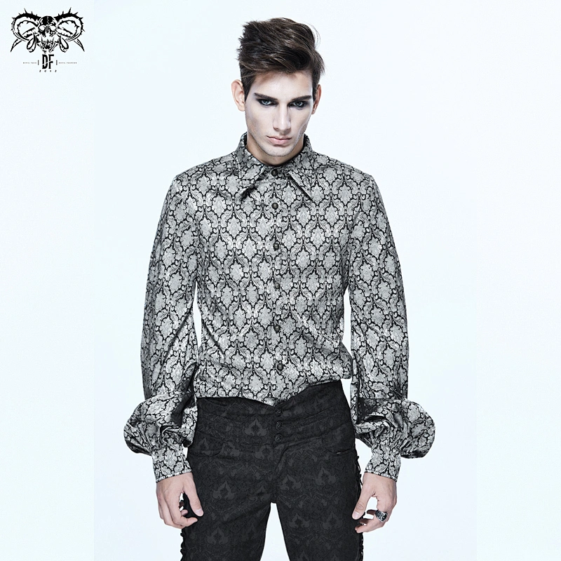 SHT026 Devil fashion black and silver Gothic basic style men jacquard shirts with bow tie