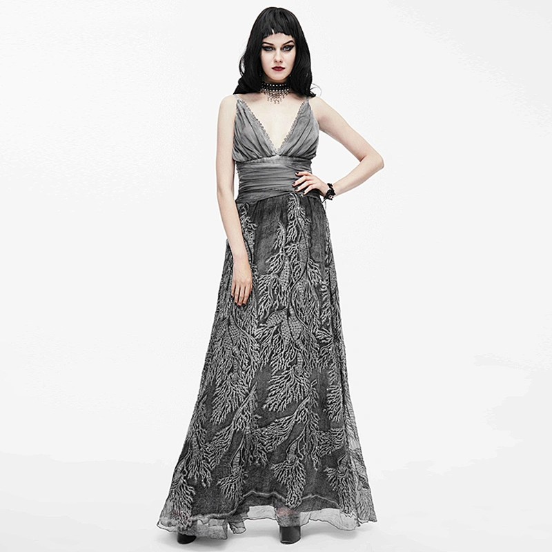 ESKT008 Eva lady gothic wedding fancy costume floral pattern deep v grey nipped waist sexy silk long slip dress