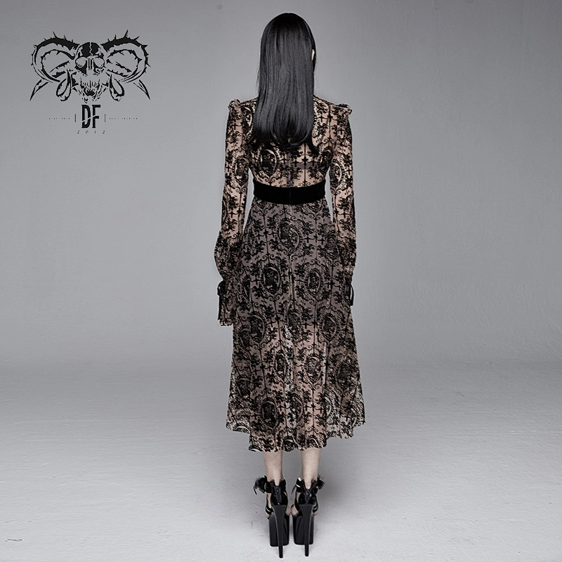 SKT09802 brown queen print high collar semilucent sexy ladies long sleeves gothic dress with tie