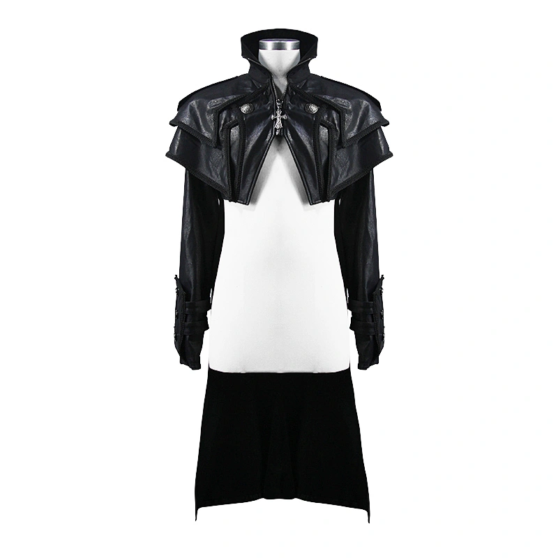 CT109 black shawl collar short front and long back punk leather men coat