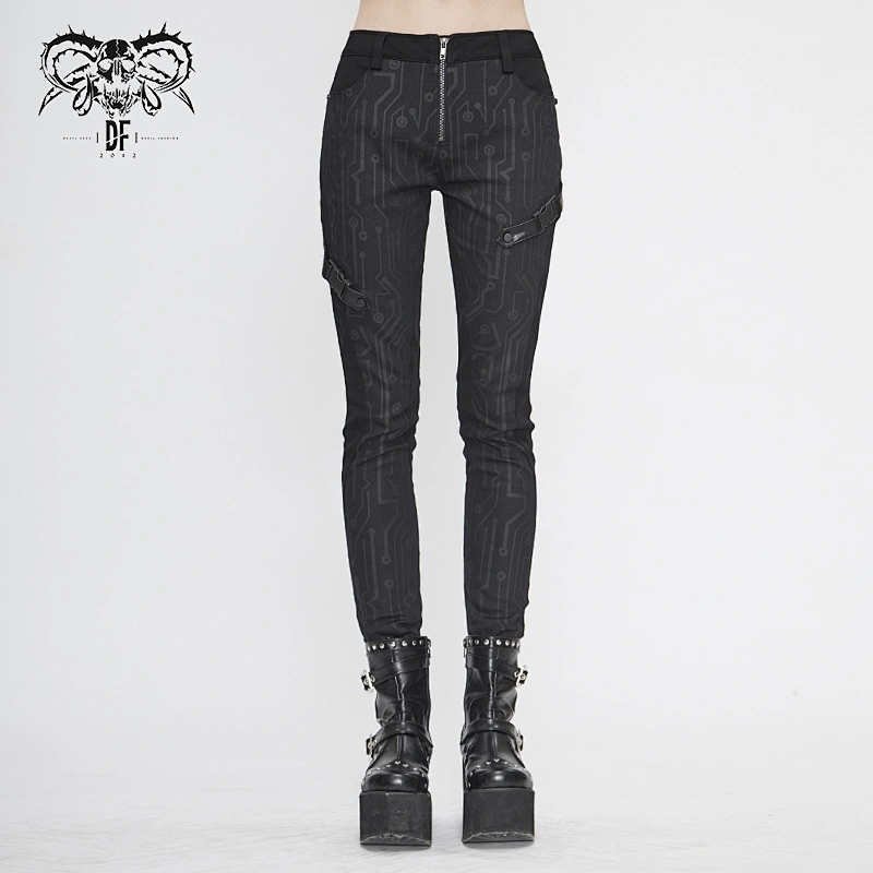 PT142 Devil fashion Future Sense Cyberpunk circuit printed leather loops black skinny women pants