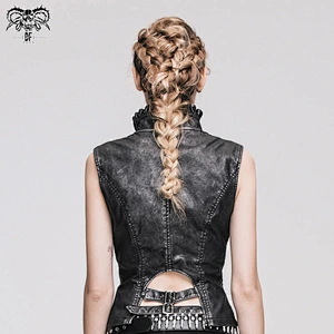 WT00501 retro black and silver hand rubbed leather big opening chest wave collar punk lady waistcoat