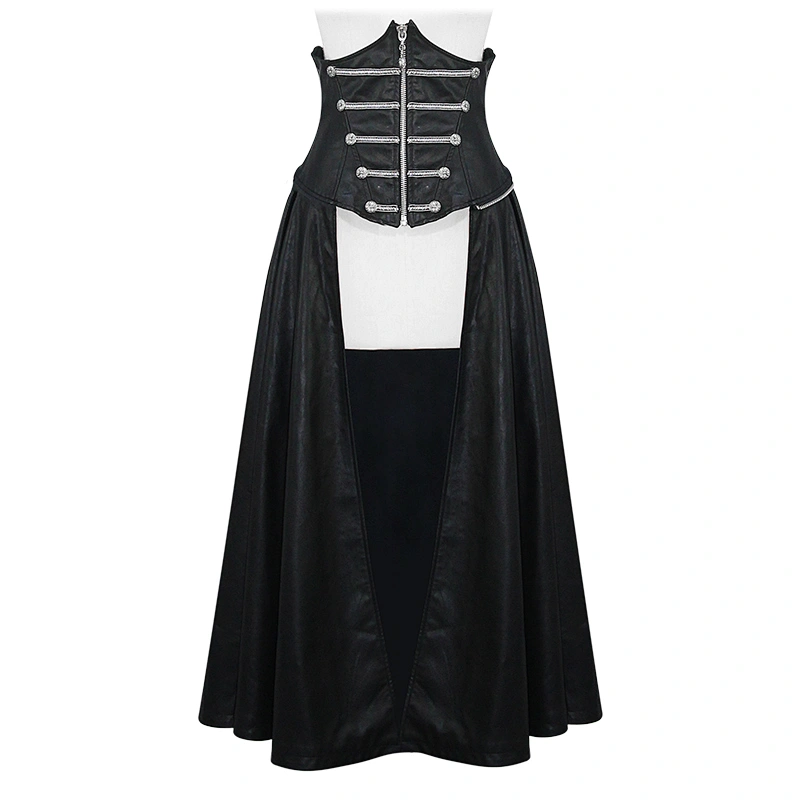 SKT088 Autumn zipper up corset waist punk big swing women black leather half tunic skirts