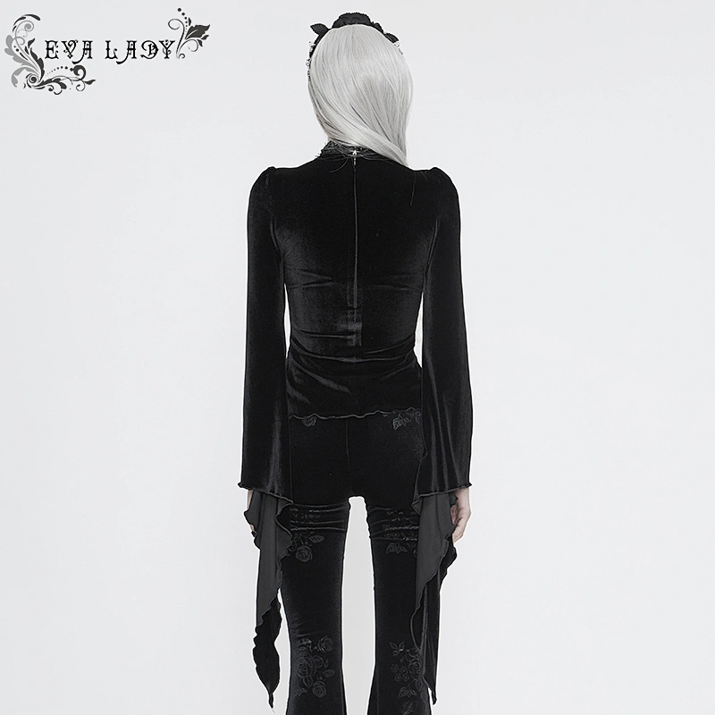 ETT022 Eva Lady gothic party hollow out palace pattern big embroidery long sleeves velvet flared sleeves T-shirt