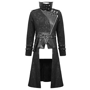 CT143 Devil fashion punk style high collar waistbag patterned men black long coat with belt
