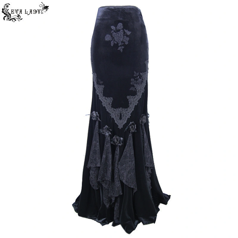 ESKT003 Eva lady gorgeous party floor length gothic black rose pattern embossed velvet fishtail skirt