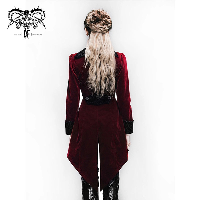 CT02002 Devil fashion stand collar red Gothic velvet embroidered women swallow-tailed coat