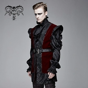 WT040 black and red velveteen jacquard gothic patterned men medium length belted waistcoat