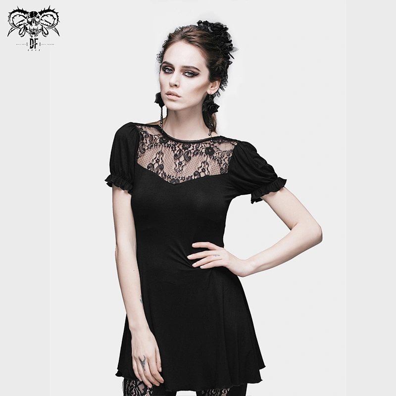 TT019 Summer classic style over hip short bubble sleeve sexy ladies gothic patterned lace T-shirt
