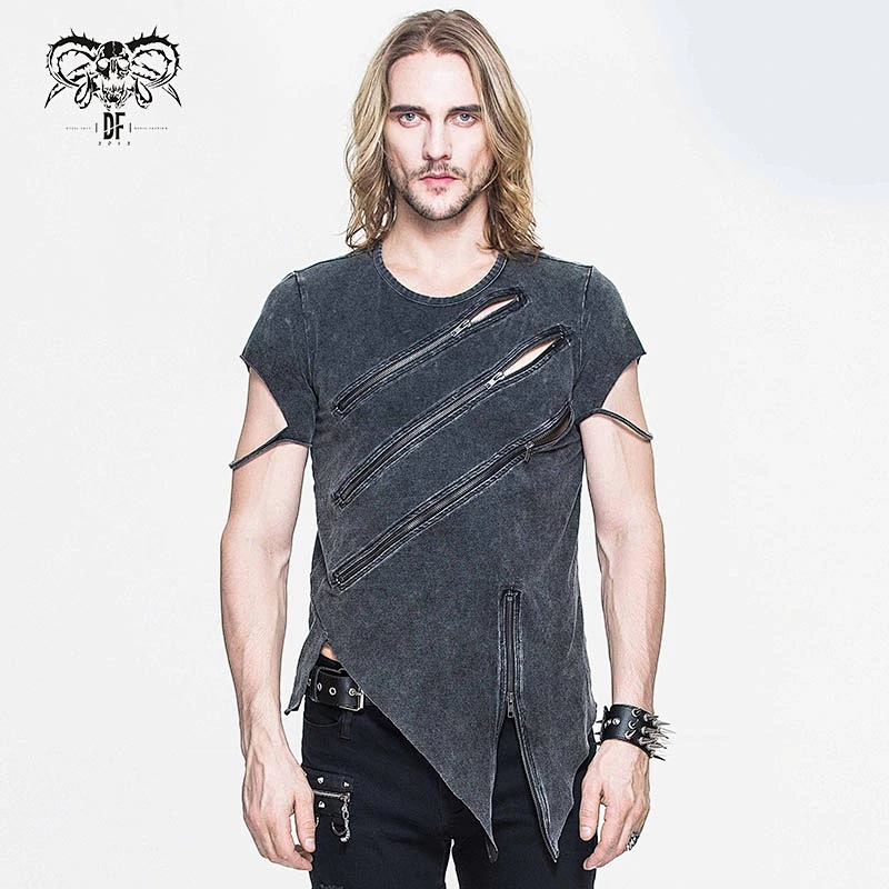 TT061 everyday summer punk rock faded men partition zippered cotton short sleeves T-shirt
