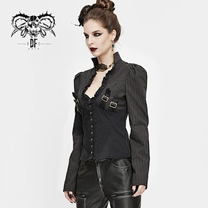 SHT053 unique design Steampunk brown bare breast patchwork striped sexy women blouse