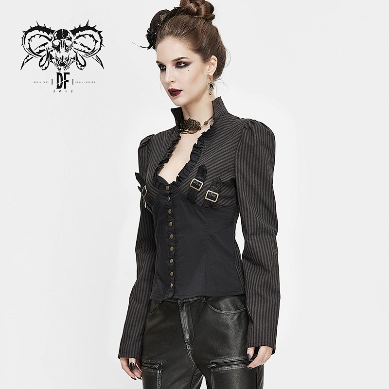 SHT053 unique design Steampunk brown bare breast patchwork striped sexy women blouse