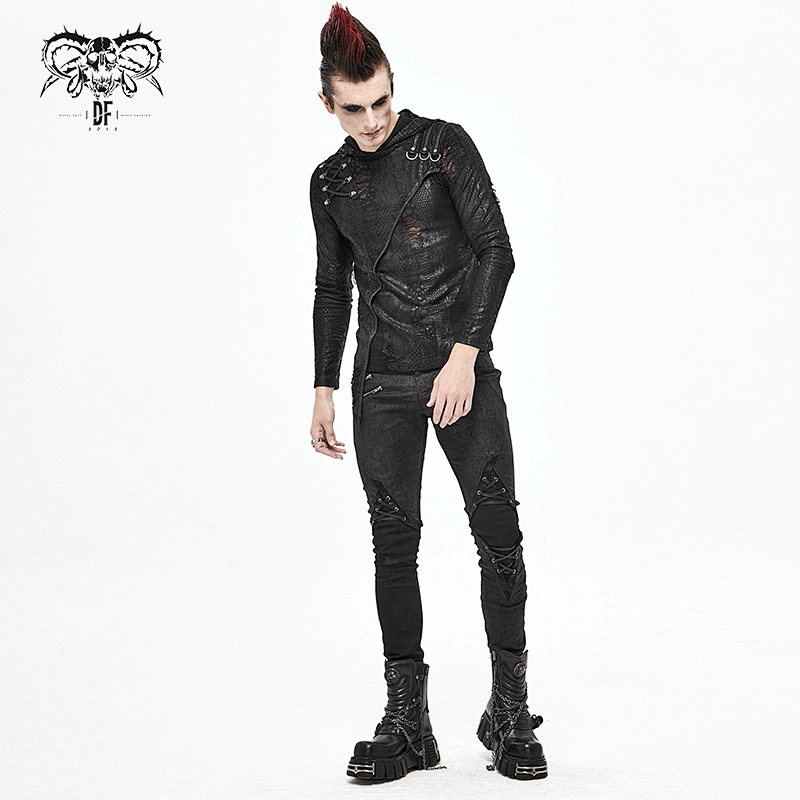 PT137 Devil fashion biker daily life bandage knee metallic punk rock glued black men trousers