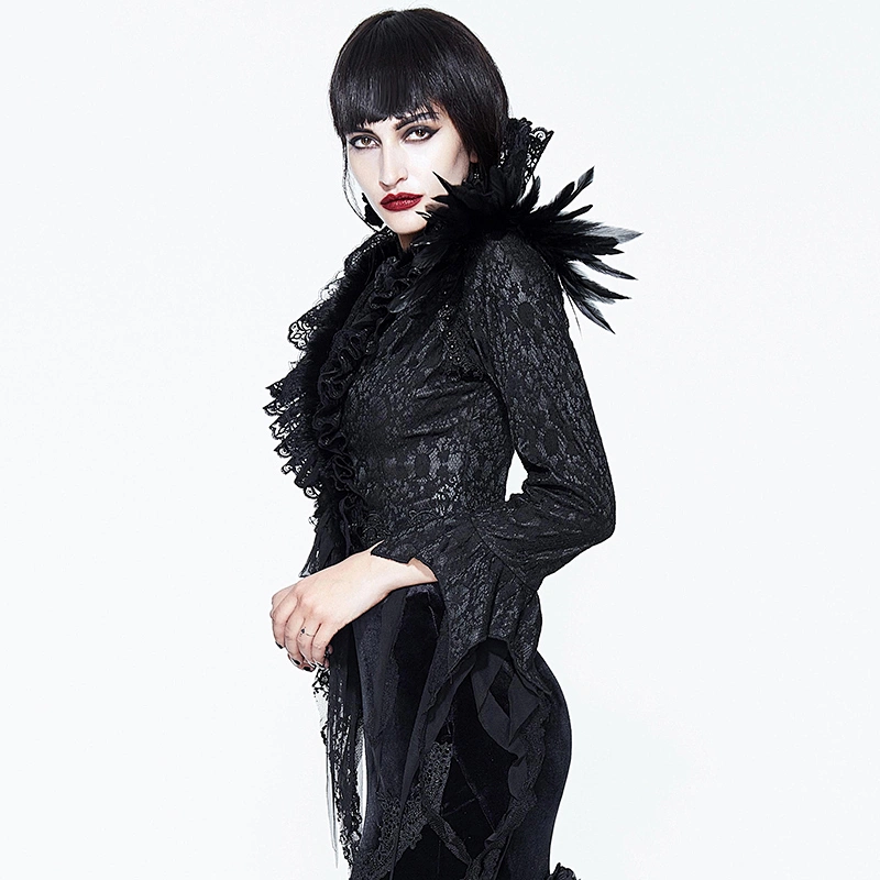 ECT006 Eva lady festival lace high collar ruffled sleeves black gothic pattern sexy deep V short jacket