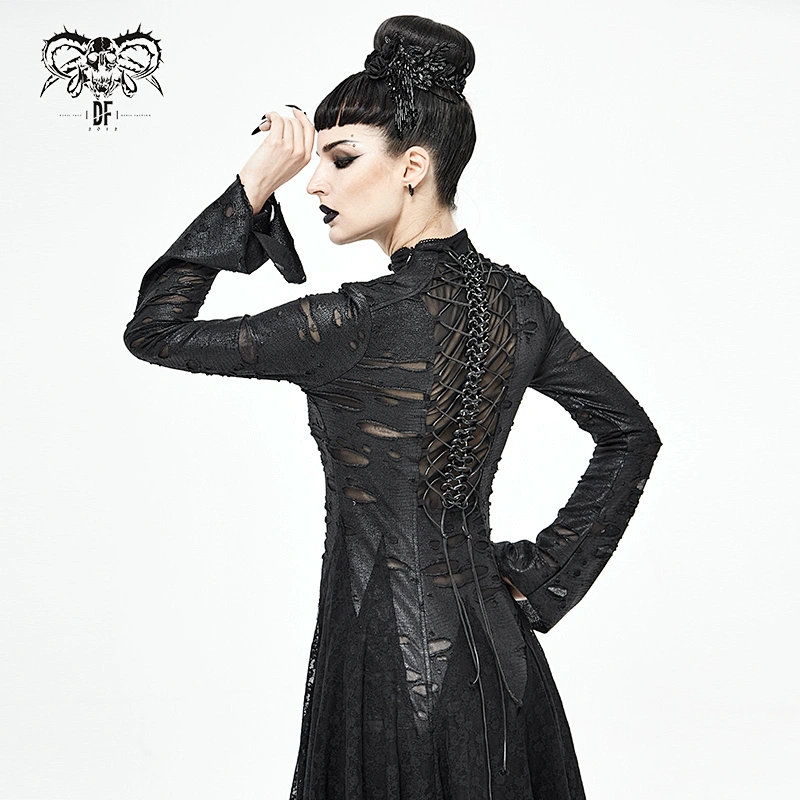 SKT122 Gothic broken holes textured Dragon Spine rose lace mesh black sexy women hollow out dress