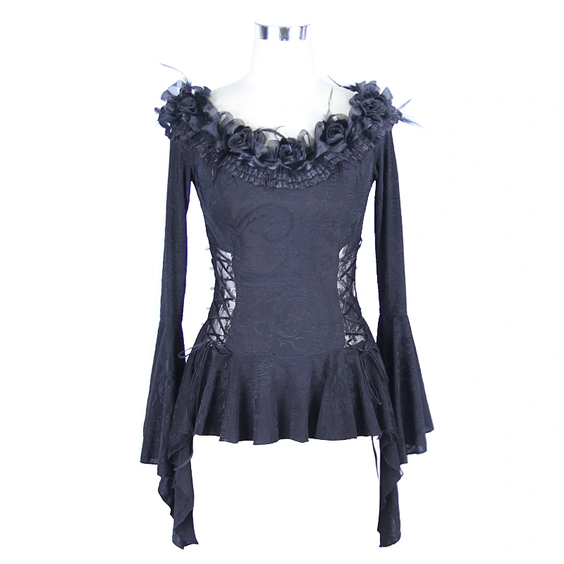 ETT002 Eva lady boat neck flared sleeves plus size sexy women lace up gothic t-shirts